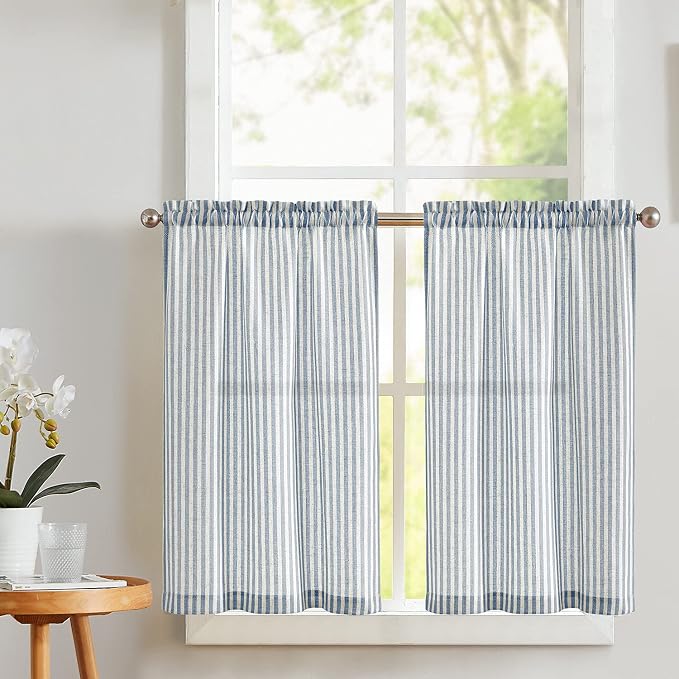 Vangao Blue Stripe Linen Tiers Curtains 36 Inch Farmhouse 2 Panels | Light Filtering, Semi Sheer, for Kitchen, Living room, Tickingstripe Drapes, Pinstripe, Window Treatments
