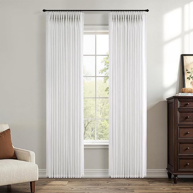 92 Inch Pleated Linen Curtains 2 Panels Set for Living Room Bedroom Beige White Cream Ivory Linen Textured Pinch Pleat Drapes Light Filtering Semi Sheer Curtains for Dining Room with Hooks Clips