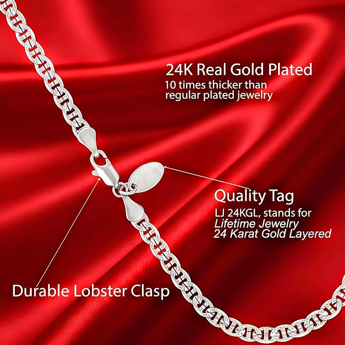 LIFETIME JEWELRY Gold Anklets for Women - 4mm Mariner Link Ankle Bracelet - 24K Real Gold Plated with Lifetime Replacement - Made in USA