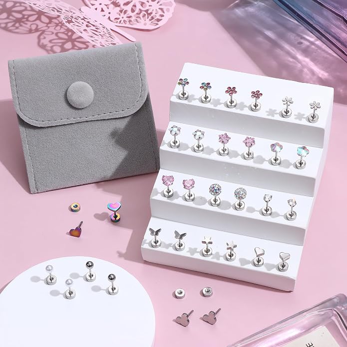 CASSIECA 16 Pairs Hypoallergenic Screw Back Earrings for Women Girls 316L Stainless Steel CZ Ball Heart Flower Screwback Flat Back Stud Earrings Jewelry Gift Women Multicolored Pink