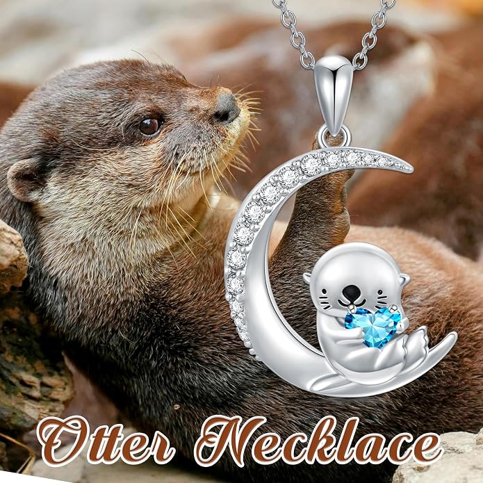 PROESS Animal Birthstone Necklace 925 Sterling Silver Otter/Axolotl/Hippo/Elephant/Dachshund/Monkey/Red Panda Pendant Necklace Animal Birthstone Jewelry Gifts for Women