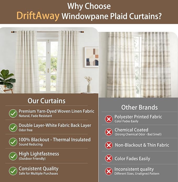 DriftAway 100% Blackout Plaid Linen Curtains W52xL90 Loden Green | 100% Blackout, Linen Texture, Plaid Pattern, Two Layers, Rod Pocket & Back Tab, Bedroom Living Room Use, Luxury Appearance
