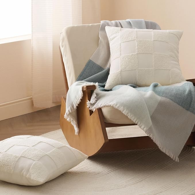 Double Stitch Checkered Throw Pillow Covers - 100% Cotton Set of 2 Tufted Boho Decorative Pillow Covers 20x20, Made in India, Square Cushion Case, Modern Home Decor for Couch, Sofa, Living Room, Cream