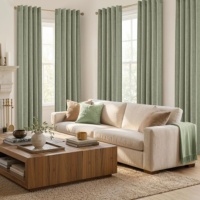 MIULEE Thick Linen Curtains, 42Wx96L, Sage Green Semi Sheer Linen Textured | Light Filtering Window Privacy Drapes with Back Tab Rod Pocket for Farmhouse/Living Room/Bedroom, Set of 2