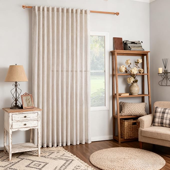 MYSKY HOME Natural Linen Curtains for Bedroom Living Room, Semi Sheer Curtains & Drapes 90 inches Length Farmhouse Country Style Back Tab Draperies for Sliding Glass Door, 100" Wide, 1 Panel
