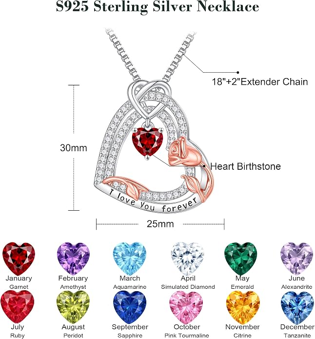 Gifts for Mom 925 Sterling Silver Birthstone Necklace for Women, Heart & Rose Design Birthday Gifts for Mom Wife Her