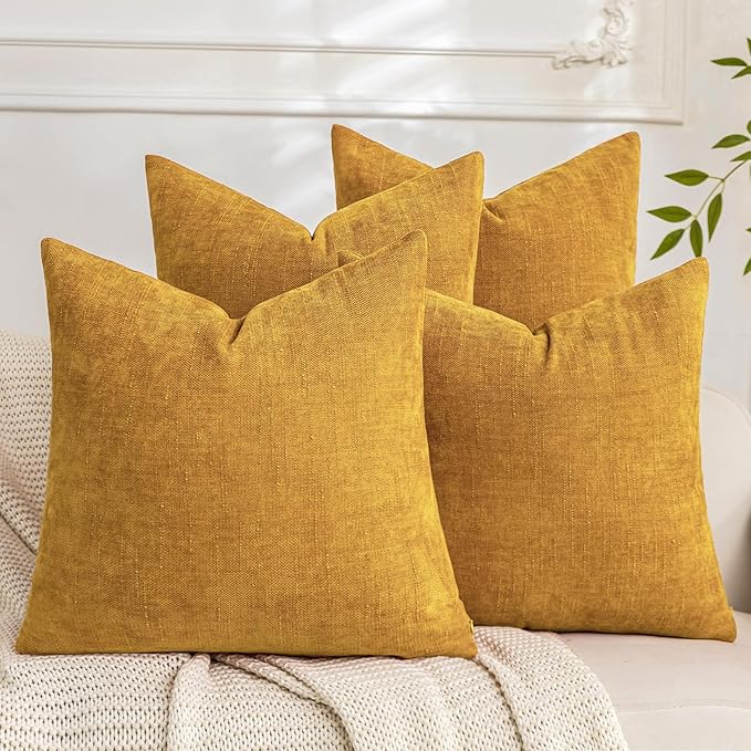 Set of 4 Soft Textured Decorative Throw Pillow Covers 20x20 Inch Cozy Farmhouse Cushion Cover Square Accent Pillow Cases for Bed Couch Sofa Living Room, Mustard Yellow