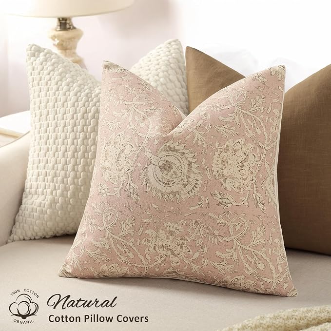 Vintage Floral Print Throw Pillow Covers 16x16 Set of 2 Neutral Modern Farmhouse Pillowcases Accent Decorative Cushion Covers Boho Home Decor for Couch Sofa Chair Bed Living Room, Champagne Pink