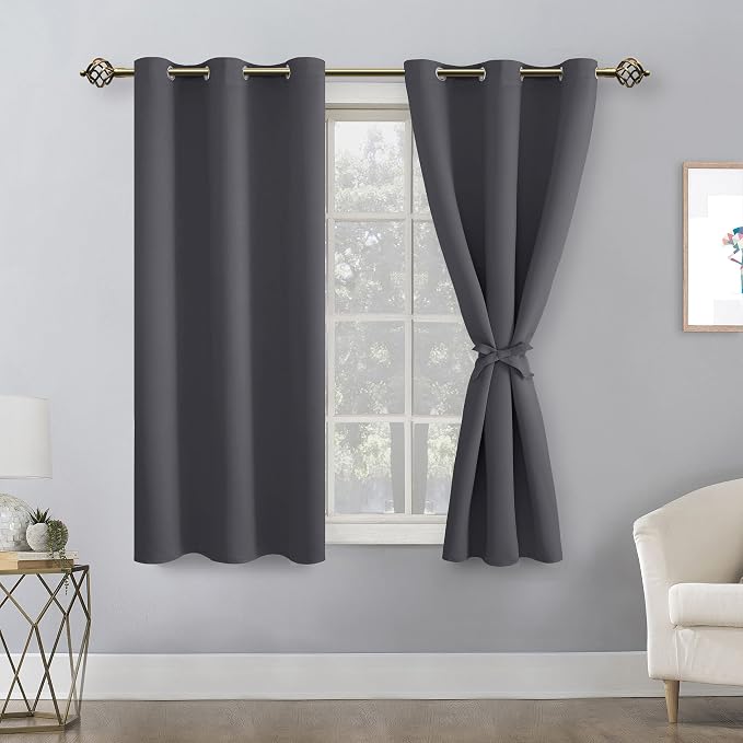 Hiasan Blackout Curtains for Bedroom - Thermal Insulated & Light Blocking Window Curtains for Living Room, 2 Drape Panels Sewn with Tiebacks, Dark Grey, 42 x 54 Inch