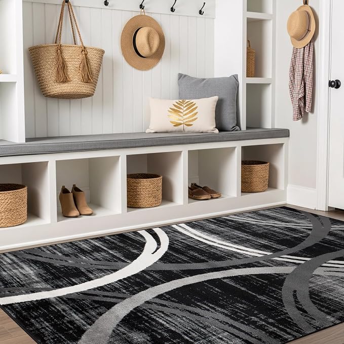 Rugshop Wavy Circles Modern Fade-Resistant Area Rug Black 6'6" x 9'