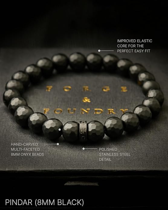 Forge & Foundry Faceted Matte Black Onyx Stone Beaded Bracelet | Custom Signature Stainless Steel Bead | ‘Pindar’ | 8mm and 10mm Bead Desgins | Refined Hand-Crafted Jewelry