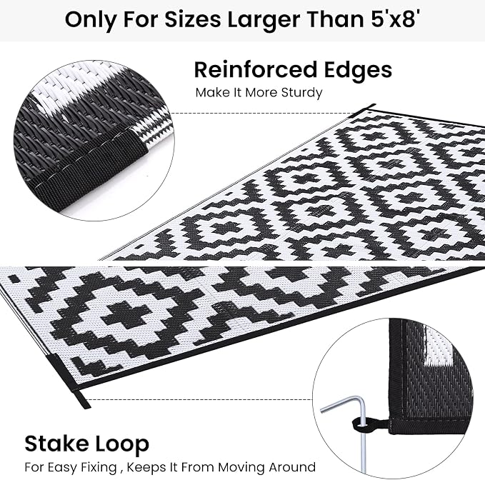Smiry Waterproof Outdoor Rug 9X18 ft, Reversible Plastic Straw Patio Camping Rugs, Outdoor Indoor RV Mat Carpet for Patio, Outside Entry, Backyard, Deck, Bench, Picnic, Camper, Black & White