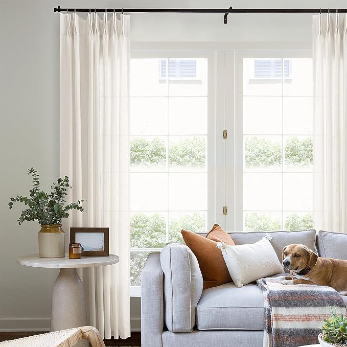 Cream Pinch Pleated 90 Inch Curtains Semi Sheer Light Filtering | Ivory, Flax Linen, Pinch Pleat Drapes, for Living Room Bedroom Dining Office, Curtain 90 Inches Long, Boho Farmhouse, 1 Panel