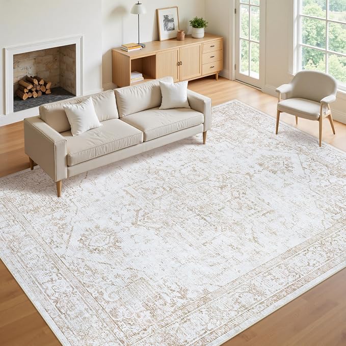 10x12 Area Rugs for Living Room:Beige Washable Vintage Medallion Rug Non-Slip Soft Low Pile Large Rugs Indoor Retro Carpet for Bedroom Kitchen Nursery Dining Table Office (Beige, 10'x12')