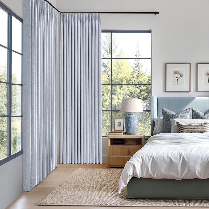MIULEE Chambray Blue Pinch Pleated 100% Blackout Linen Curtains 90 Inch Length 2 Panels Set, Black Out Memory Trained Pleat Curtains Light Blocking Room Darkening Drapes for Bedroom Living Room Window