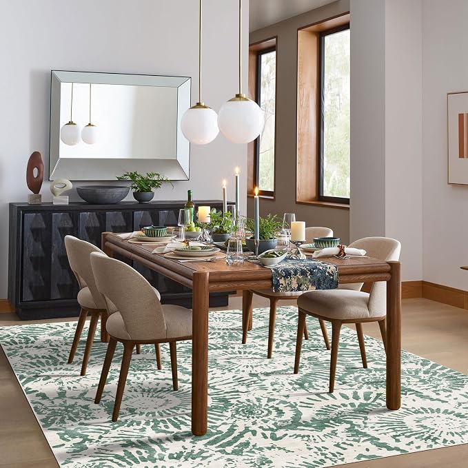 BLISSA Dining Room Rugs for Under Table - 6x9 Fresh Green White Washable Living Room Area Rug Non-Slip Low-Pile Modern Contemporary Abstract Rugs for Bedroom Dining Room Home Nursery Foyer Carpet