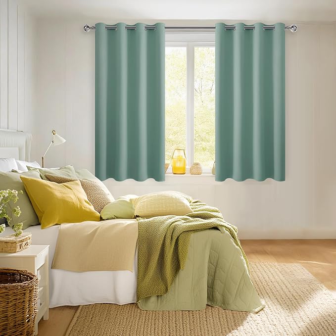 Hiasan Blackout Curtains for Bedroom, 52 x 54 Inches Long - Thermal Insulated & Light Blocking Window Curtains for Living Room, 2 Drape Panels Sewn with Tiebacks, Sage Green