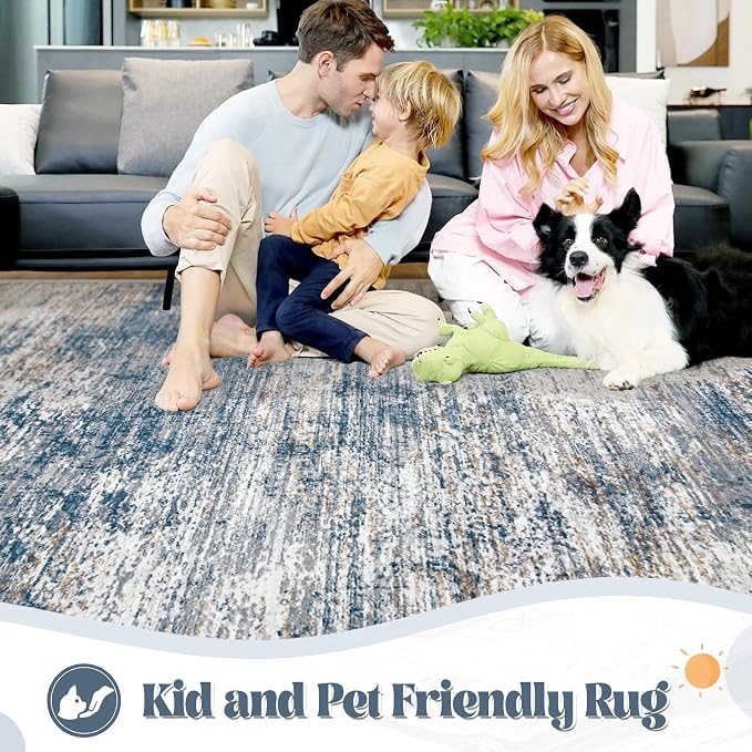 XLUEZ 8x10 Area Rugs for Living Room, Washable Modern Abstract Large Area Rug Neutral Soft Non Slip Kids Rug Stain Resistant Indoor Carpet for Bedroom Nursery Dining Children's Room(BlueWhite, 8'x10')