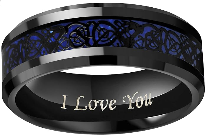 CROWNAL 6mm 8mm Blue Carbon Fiber Black Celtic Dragon Tungsten Carbide Wedding Band Ring Engraved I Love You Size 4 To 16