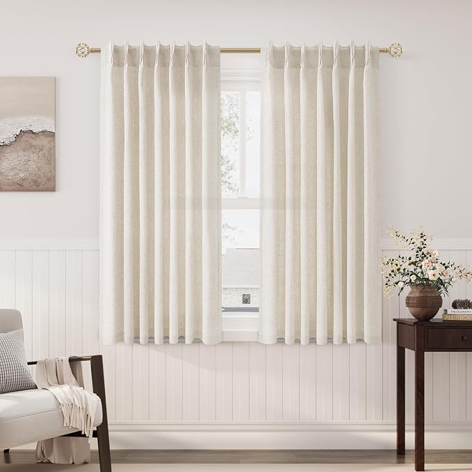 Natural Cream Pinch Pleat Linen Curtains 54 Inch Long for Kitchen Pleated with Hooks Back Tab Light Filtering Boho Farmhouse Short Semi Sheer 54 Inch Curtain for Dining Room Bedroom Small Window