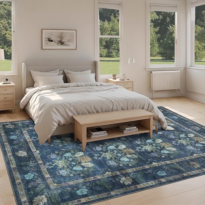 6x9 Floral Washable Area Rug, Blue Floral | Living Room,Low Pile Non Slip Girls Carpet Non-Shedding Soft Indoor Stain Resistant Vintage Kids Mat for Bedroom Dining Room