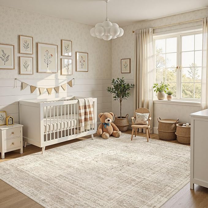 Nakagishi 5x7 Area Rugs Living Room: Washable Large Vintage Rug Neutral Non-Slip Soft Stain Resistant Indoor Carpet for Bedroom Nursery Dining Room Office Playroom - Beige Gray