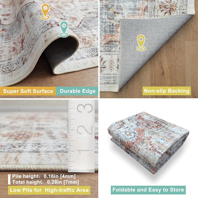 Mandala - Indoor Area Rugs 2x8 Washable, Stain Resistant Machine Washable Rugs for Living Room, Bedroom, and Modern House Décor - Durable Polyester Material, Colorful Patterned - Beige & Grey