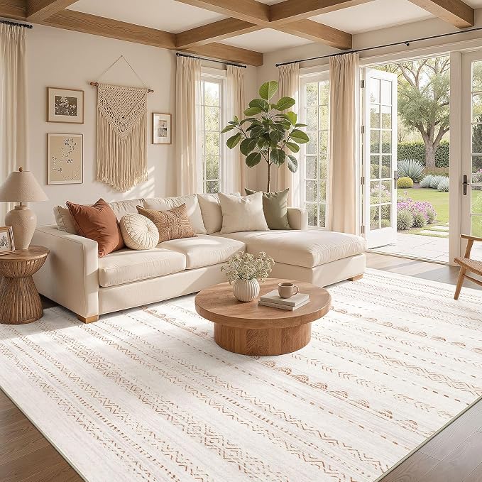 Nakagishi Area Rugs 9x12 Living Room: Washable Boho Large Neutral Modern Soft Farmhouse Rug Stain Resistant Indoor Floor Non-Slip Carpet for Bedroom Nursery Kids Playroom Office Dining Room- Brown