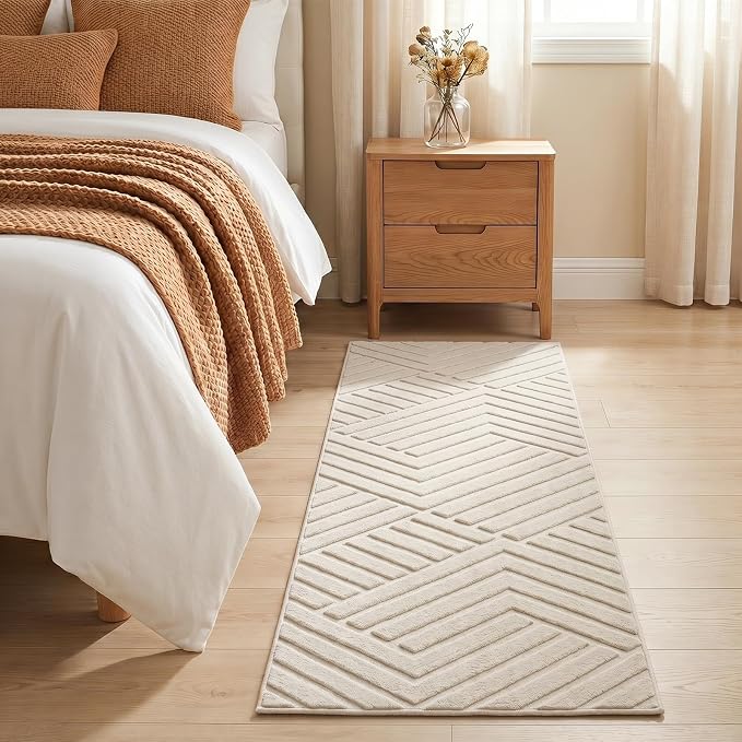 Bsmathom 2x6 Washable Area Rug, Boho Neutral Modern Soft Carpet Mat, Beige | Machine Washable, Low Pile Fluffy Plush, Non-slip, Geometric Textured, For Living Dining Kids Room Bedroom Indoor Dorm