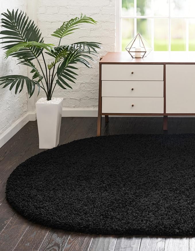 Unique Loom Solid Shag Collection Area Rug (7' 10" x 10' Oval, Jet Black)