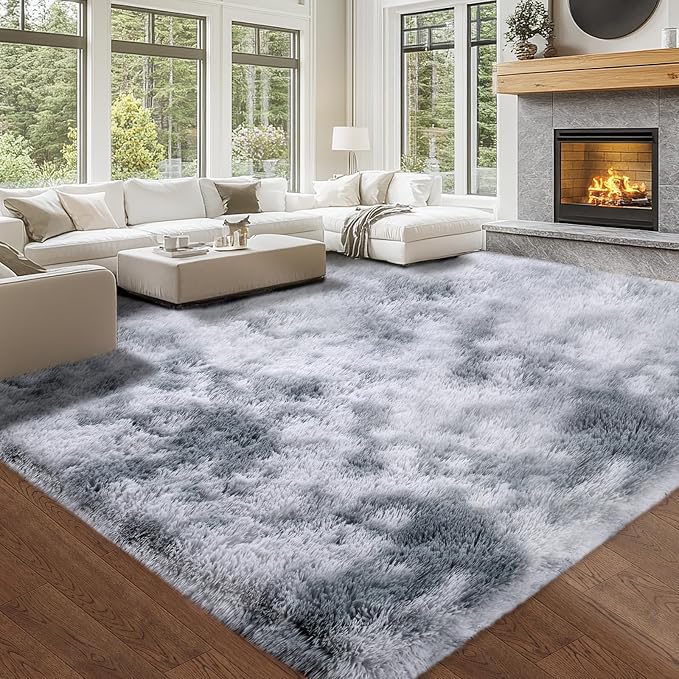 Tie-Dyed Light Grey 10x12 Living Room Rug - Shag Modern Luxury Carpet | Subtle Tie-Dyed Pattern - Soft Neutral Tones - Plush Shaggy Texture - Brightens and Softens Any Space