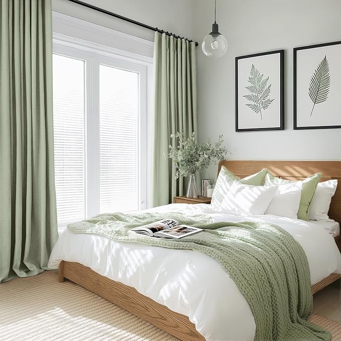 INOVADAY 100% Blackout Curtains for Bedroom, Sage Black Out Curtains 90 Inch Long, Clip Rings Linen Blackout Drapes, Thermal Insulated Room Darkening for Living Room, 2 Panels - W50xL90