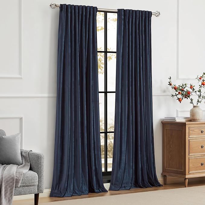 PRIMROSE 100% Full Blackout Navy Blue Velvet Curtains 84 inch Long for Living Room,Set of 2 Panels Liner Rod Pocket Back Tab Thermal Window Curtains Room Darkening Heavy Decorative Drapes for Bedroom
