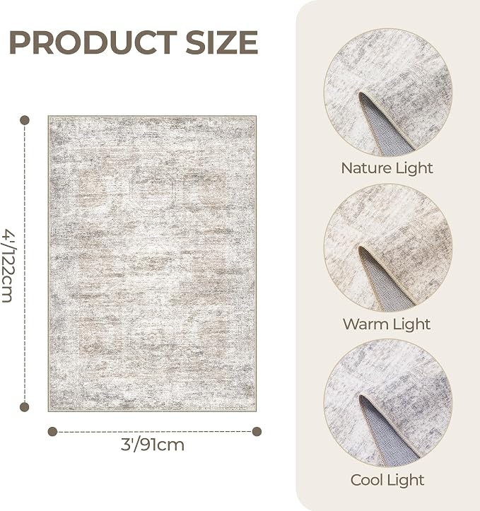 3x4 Rugs for Entryway,Washable Area Rug,Taupe | Small Rug for Kitchen,Hallway,Bedroom,Bathroom,Thin,Soft, Neutral Rug,Stain Resistant Indoor Carpet,Non Slip