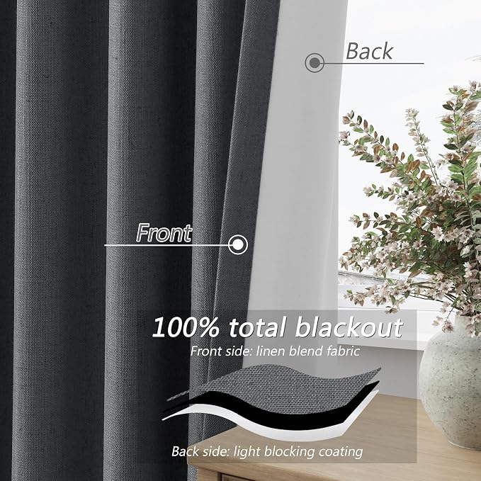 Guken 100% Blackout Curtains 108 Inch Length 2 Panels Set for Living Room Bedroom Back Tab Thermal Insulated Black Out Linen Drapes Room Darkening Blazer Grey,52x108