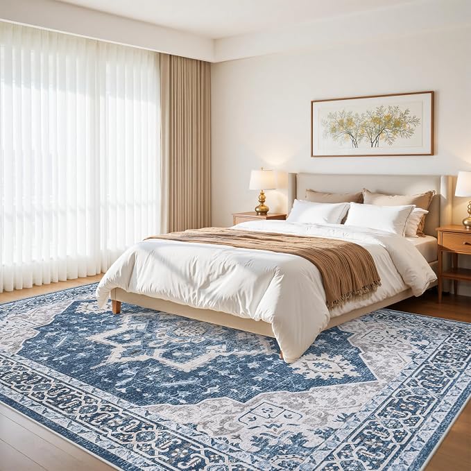 8x10 Area Rugs for Living Room:Blue Washable Vintage Medallion Boho Rug Non-Slip No Slip Stain Resistant Soft Low Pile Large Rugs Indoor Retro Carpet for Bedroom Nursery Dining Office (Blue 8'x10')