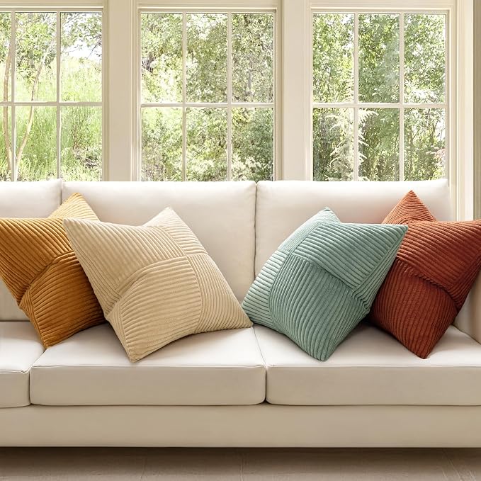 MIULEE Fall Teal-Orange Decorative Throw Pillow Covers 22x22 Inch Set of 4 Boho Corduroy Striped Cushion Cases Modern Farmhouse Patchwork Pillow Cases for Couch Sofa Bedroom Home Decor