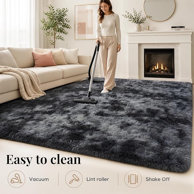 8x10 Area Rugs for Living Room Bedroom: Black Grey Soft Fluffy Shag Upgrade Non-Slip High Pile Carpet Large Fuzzy Plush Indoor Floor Decor Shaggy Rug for Kid Boys Girls Playroom Nursery Modern Home