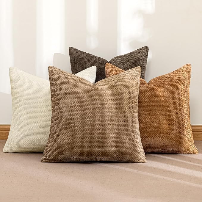 MIULEE Pack of 4 Brown Couch Throw Pillow Covers 22x22 Inch Soft Decorative Chenille Pillows Farmhouse Accent Cushions for Boho Fall Home Decor Sofa Bedroom Living Room