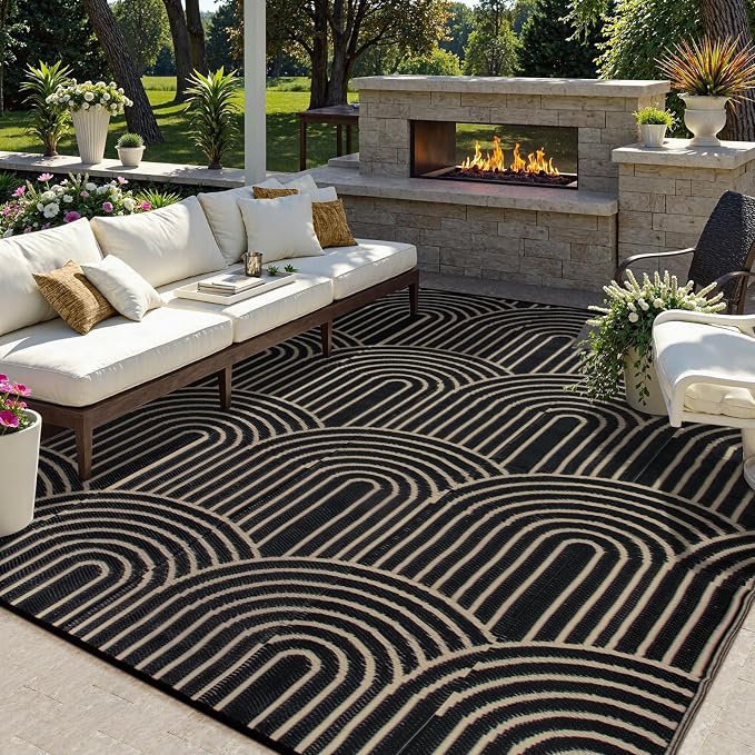 Lahome Black Outdoor Rugs 8x10 Waterproof,Boho Outdoor Porch Rug for Camping, Plastic Straw Stain Resistant Mats for Outside Rv Beach Backyard Garden Under Awning(Black,8'x10')
