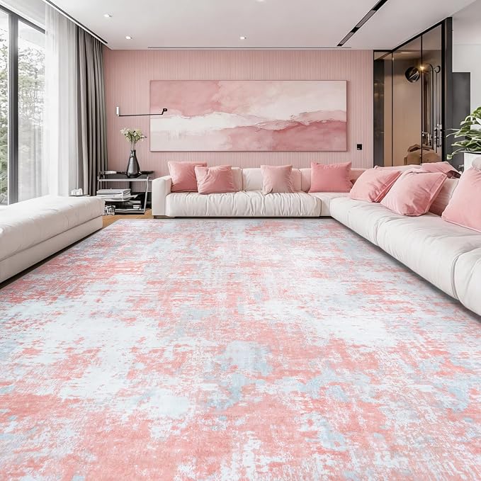 Pink Rug Carpet 10x14 Area Rugs for Bedroom Girls: Washable Modern Rug for Living Room Dining Room Non Slip Low Pile 10 by 14 Indoor Abstract Home Office