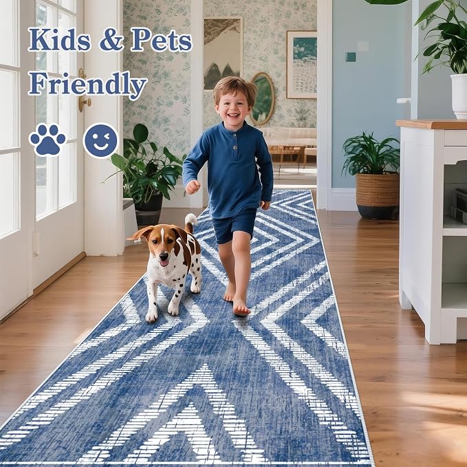 3x10Ft Boho Hallway Runner Rugs Non Slip, Blue Geometric Washable Kitchen Rug Runners, Soft Wide Modern Farmhouse Entryway Floor Carpets for Entrance Doorway Bedroom Home Decor