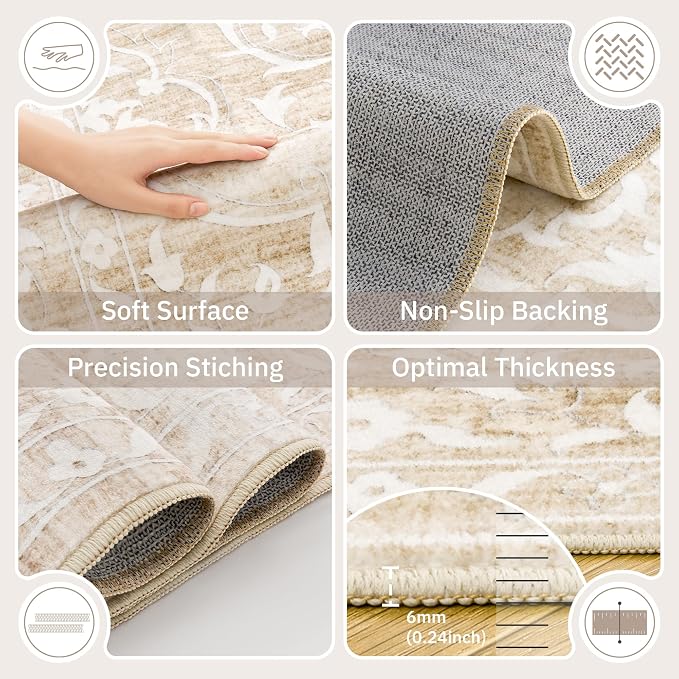 Soalmost 5x7 Area Rugs for Living Room, Washable Neutral Soft Rug Beige | Vintage Floral Non-Slip Low Pile Throw Large Carpet for Dining Room Bedroom Kitchen Home Office Nursery 5'x7'