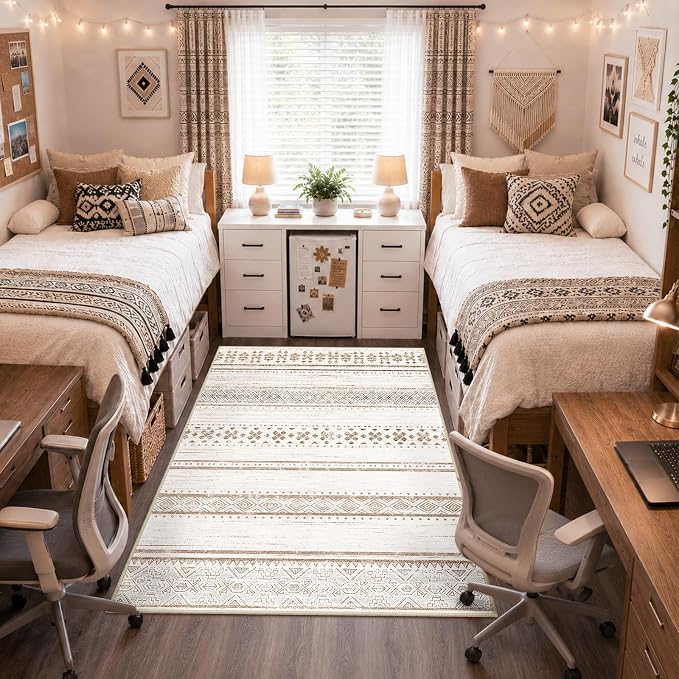 BESTSWEETIE 3x5 Area Rugs for Living Room Washable Moroccan Farmhouse Neutral Geometric Low Pile Non-Slip Soft Print Pattern Rug for Bedroom Kitchen Dining Room Entryway Cream/Brown/Pink