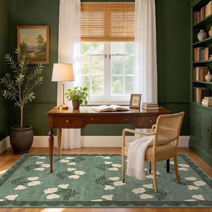 4x6 Boho Bedroom Rug - Sage Green Soft Washable Entry Rug Non Slip Stain Resistant Vintage Floral Scalloped Area Rugs for Living Room Bedroom Entryway Dining Room Kitchen Nursery Home Decor