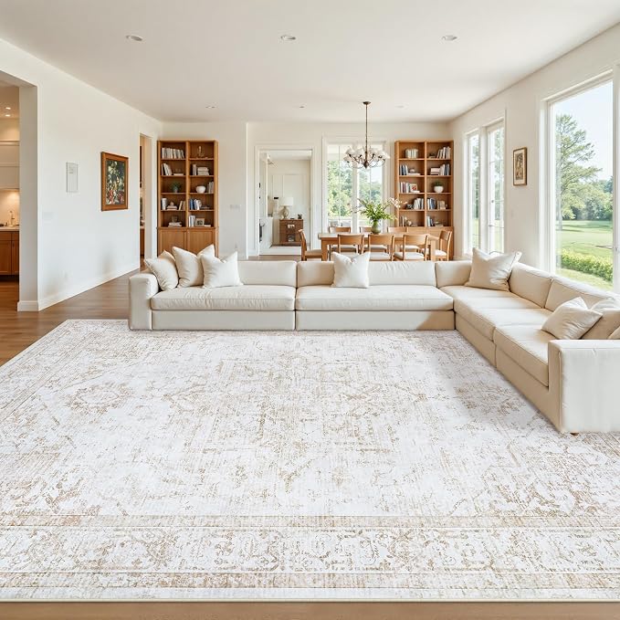 10x14 Area Rugs for Living Room:Beige Washable Vintage Medallion Rug Non-Slip Soft Low Pile Large Rugs Indoor Retro Carpet for Bedroom Kitchen Nursery Dining Table Office (Beige, 10'x14')