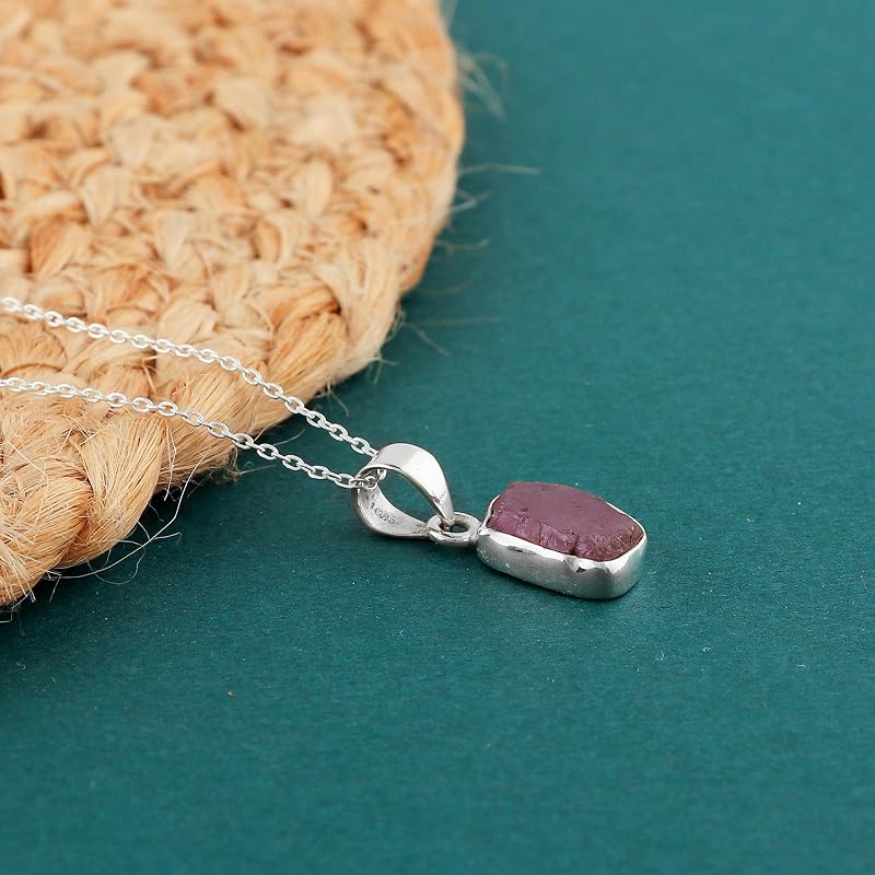 Natural Real Raw Pink Sapphire Crystals Bezel Pendant Necklace, Birthstone, Healing Rough Gemstone, 925 Sterling Silver Jewelry 18 inch (1 pendant)