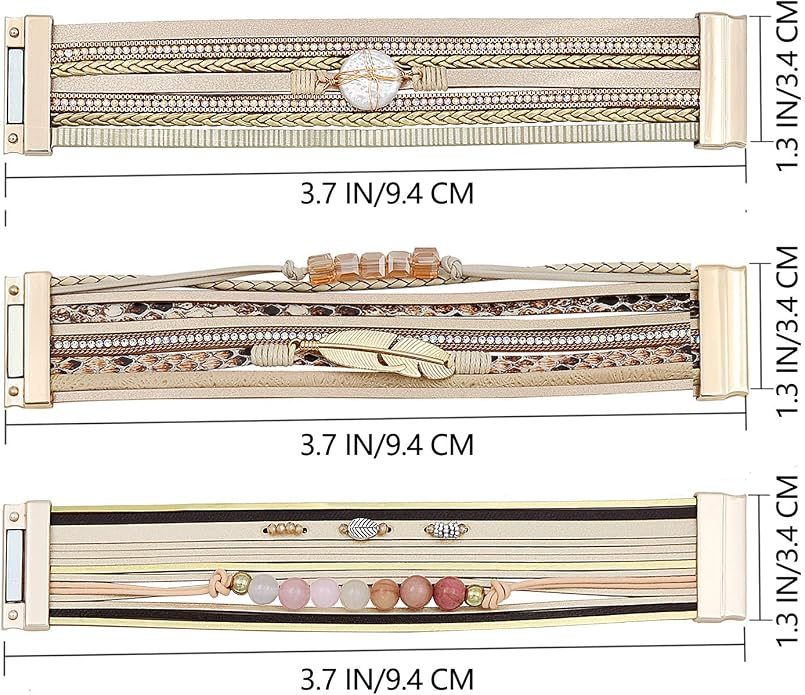 Wowanoo 3Pack Leather Cuff Bracelet Set Multilayer Wrap Bracelet Crystal Feather Tree Bracelet Magnetic Clasp Bracelet for Women