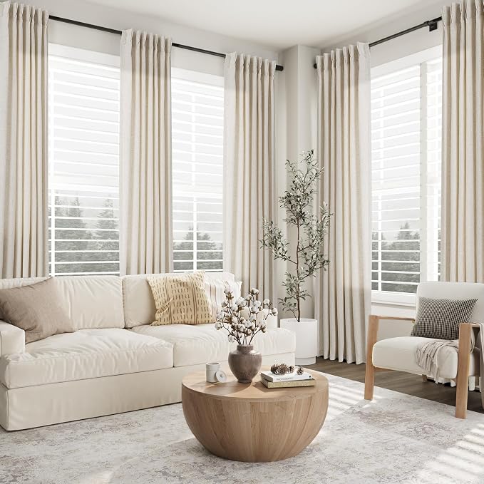 Aersas Warm Beige Pinch Pleated Linen Extra Long Curtains 120 Inches for Living Room Sheer Flax Privacy Protection Back Tab Rod Pocket Window Drapes 2 Panels Set for Dining Room Cottage, 40x120