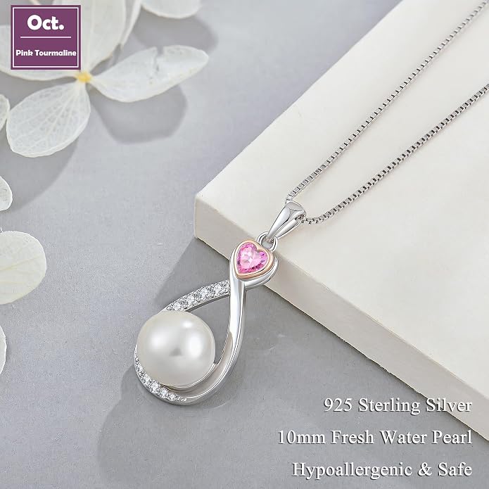 Heart Birthstone Pearl Pendant Necklace, 925 Sterling Silver Infinity Necklace with 10mm Freshwater Cultured Pearl & 4mm Gemstone Jewelry for Women